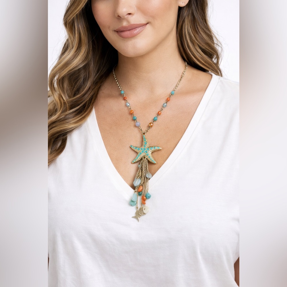 Boho Starfish Pendant Necklace with Ocean Charms